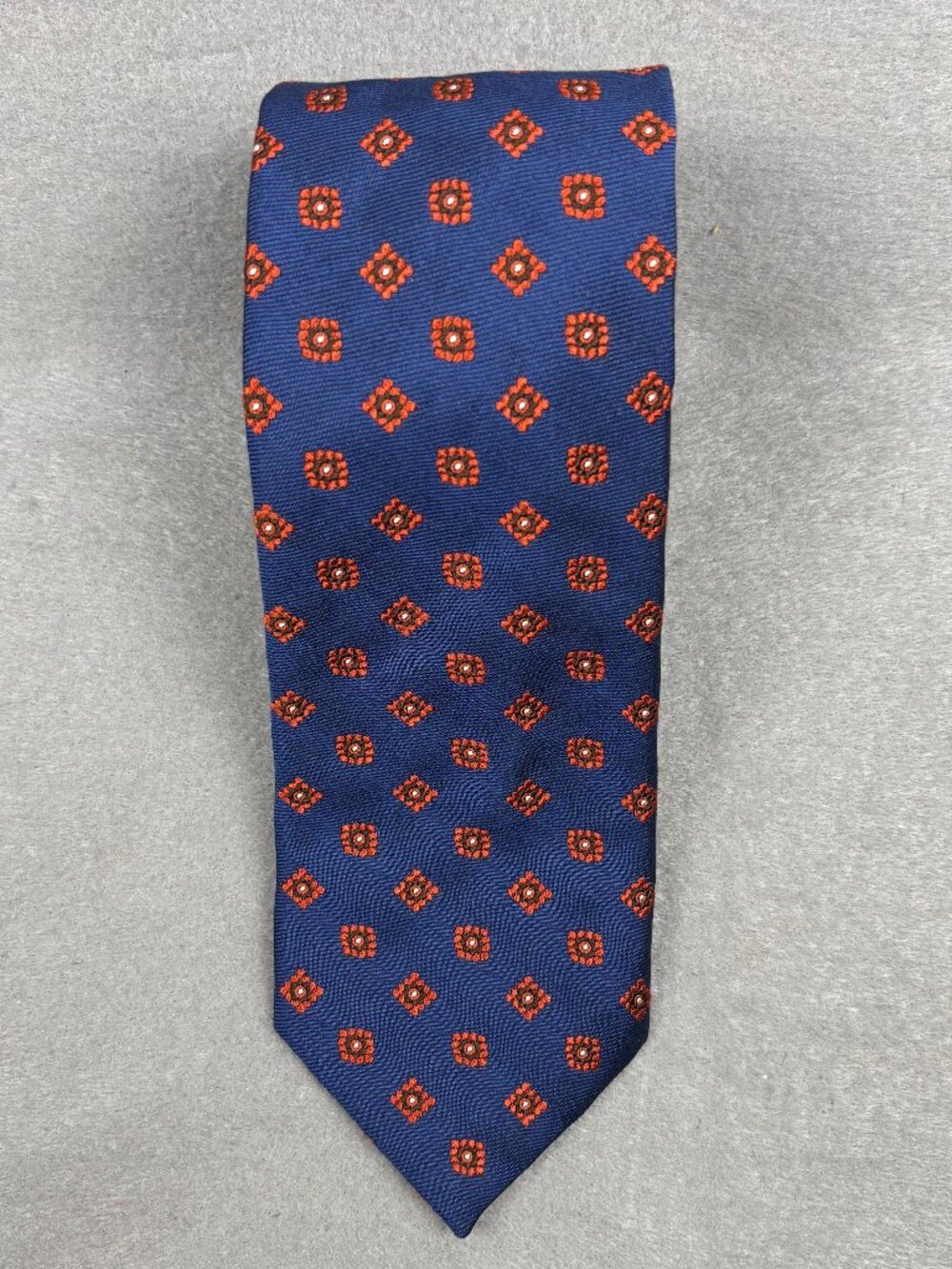 Italian Hand Stitched Silk Cotton Tie Navy Orange Floral Medallion Italy 3.25